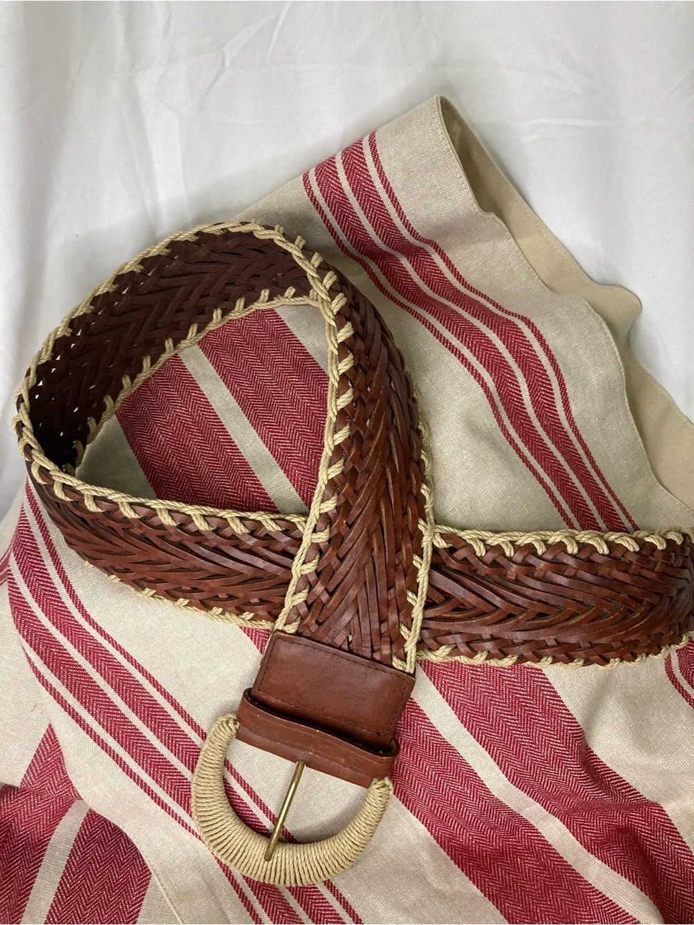 Talbots Braided Brown Leather Belt with Cream Trim